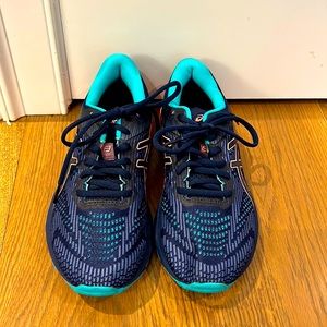Blue, teal, and coral Aasics running sneakers, size 7